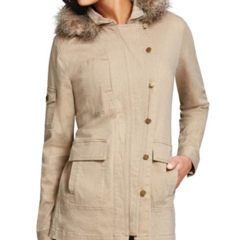 CABI 110 Nanook Faux Fur Trim Hooded Jacket Tan Beige Brown Cotton Parka Coat XS